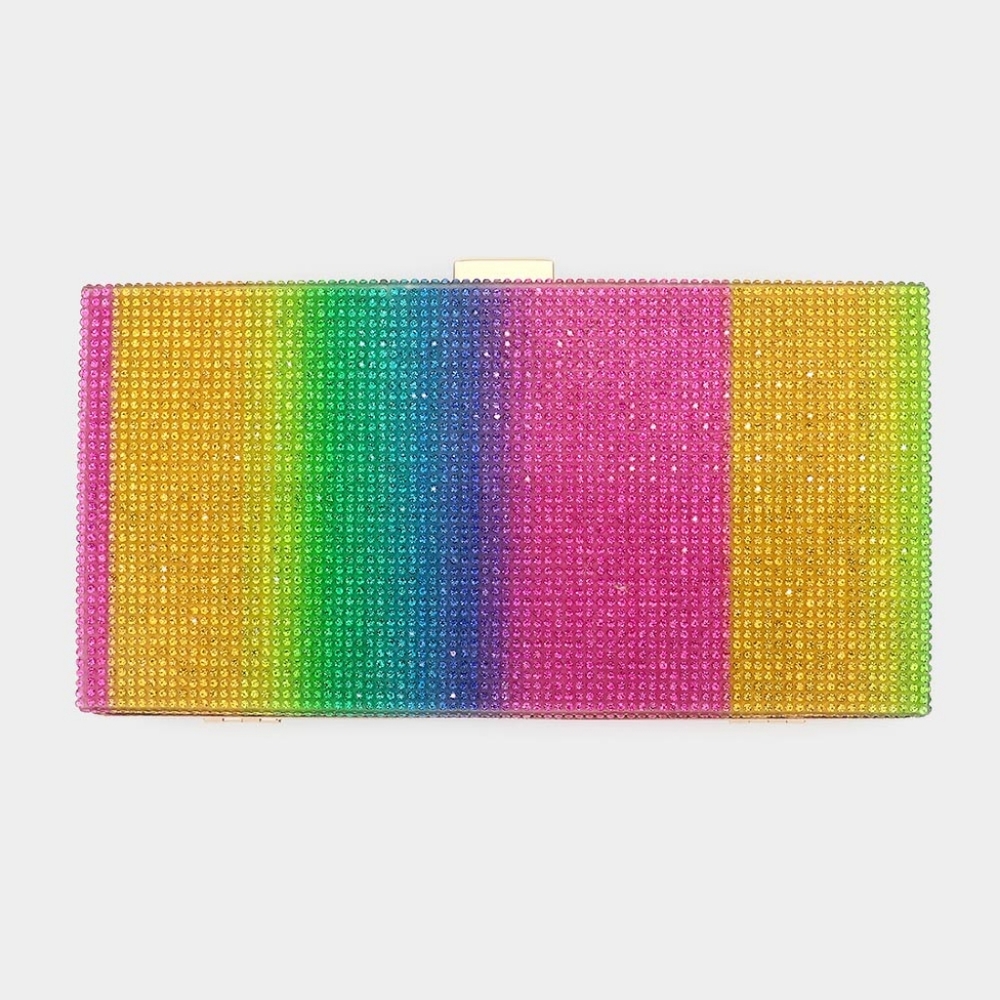 MultiColored Rainbow Patterned Crossbody Bling Rectangle Clutch Purse Pink Blue